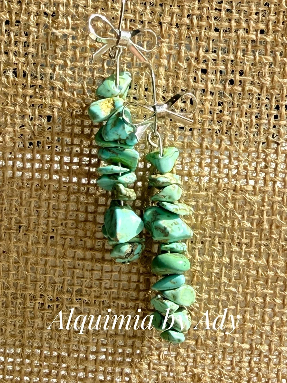Teal Green Turquoise Chip Dangle Earrings with Silver Bows
